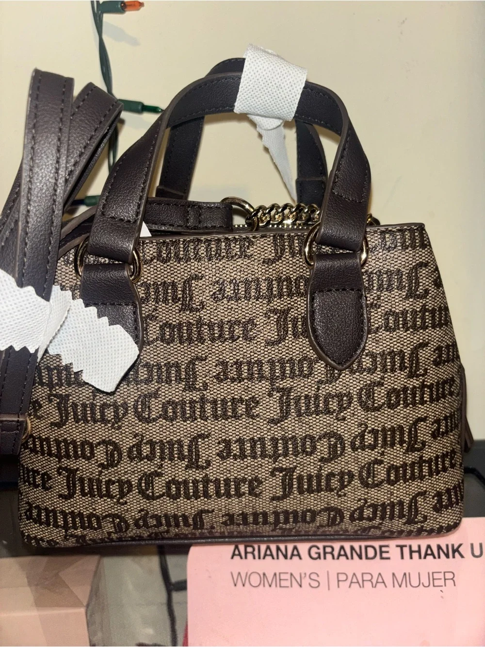 Juicy Couture Taupe Brown Logo Satchel with Pink Cherry Coin Pouch